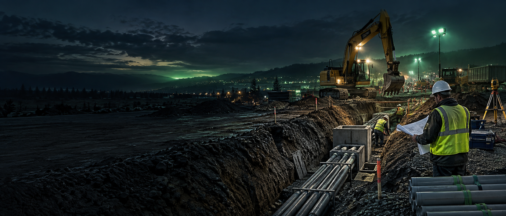 Civil construction crew installing underground utility conduit beside an excavator at dusk